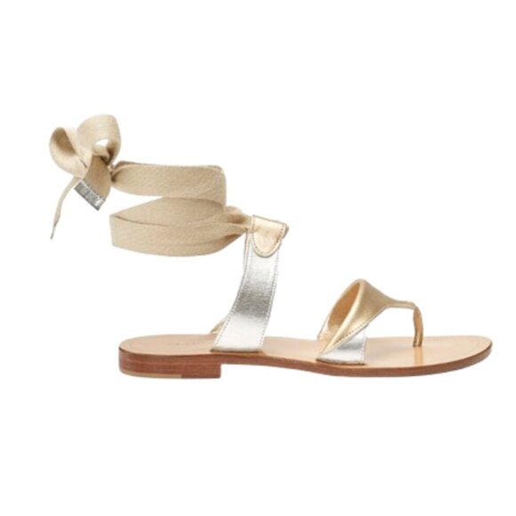 Sarah Flint Grear Gladiator Sandals Womens 37 7 Silver Gold Leather Lace Up - Picture 1 of 12